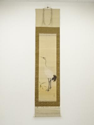 敬治筆　立鶴　肉筆絹本掛軸